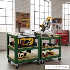 May include: A workshop scene featuring two green wooden workbenches on wheels. One bench holds a yellow and black table saw, while the other has a miter saw. Various power tools are on the shelves. The text "Instant Download - PDF Plans" is visible.