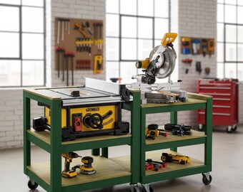 May include: A workshop scene featuring two green wooden workbenches on wheels. One bench holds a yellow and black table saw, while the other has a miter saw. Various power tools are on the shelves. The text "Instant Download - PDF Plans" is visible.