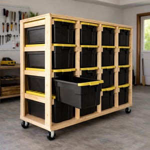 May include: A wooden storage unit with multiple black storage bins with yellow accents. The unit is on wheels and is designed for organization. The bins are various sizes and are ideal for garage or workshop storage.