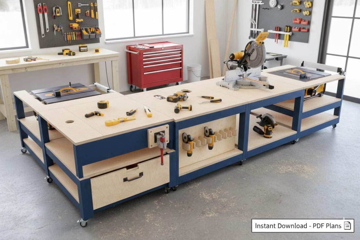 DIY Mobile Garage Modular Workbench Plans, Workstation With Miter Saw ...