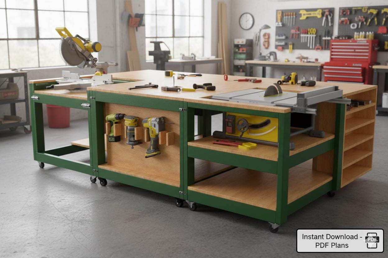 DIY Mobile Garage Modular Workbench Plans, Workstation With Miter Saw ...