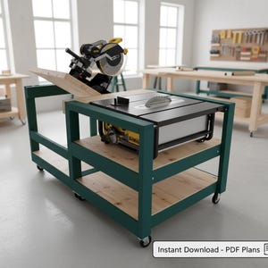 May include: A green and wood table saw with a black and yellow saw blade. The saw is mounted on a green frame with two shelves and wheels. The text "Instant Download - PDF Plans" is visible.