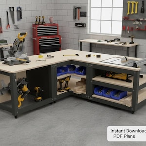 May include: A large, L-shaped workbench with a light wood surface and dark gray frame. The workbench has built-in storage shelves with blue bins and is equipped with power tools. The image includes the text "Instant Download - PDF Plans".