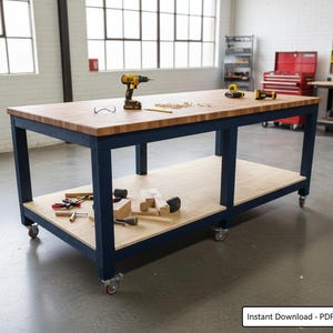 May include: A large, wooden workbench with a butcher block top and navy blue frame. The workbench has a lower shelf and is on wheels. Tools, including a drill, are on the top. The image includes the text "Instant Download - PDF Plans".
