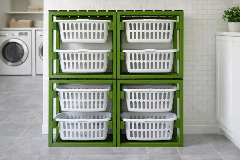 May include: A green wooden laundry sorter with six white plastic laundry baskets. The sorter is in a laundry room setting with a washing machine and dryer in the background. The baskets are rectangular with slotted sides.