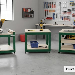 May include: Three green and wood work tables with tools in a workshop setting. Each table has a lower shelf and is on wheels. A miter saw, drill, and table saw are on the tables. The text "Instant Download - PDF Plans" is in the bottom right corner.