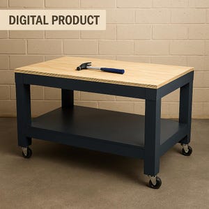 May include: A wooden workbench with a natural wood top and dark blue base. The workbench has a lower shelf and sits on four caster wheels. A hammer rests on the tabletop. The text "DIGITAL PRODUCT" is at the top.