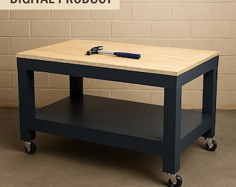 May include: A wooden workbench with a natural wood top and dark blue base. The workbench has a lower shelf and sits on four caster wheels. A hammer rests on the tabletop. The text "DIGITAL PRODUCT" is at the top.