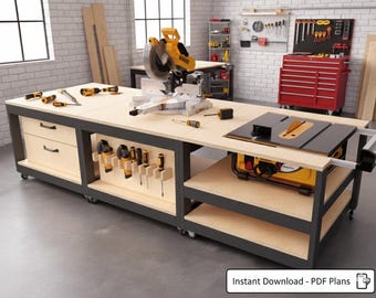 May include: A large, multi-functional workbench with a light wood surface and dark gray frame. It features a circular saw, a table saw, drawers, and tool storage. Various hand tools are placed on the workbench. The workbench is on wheels.