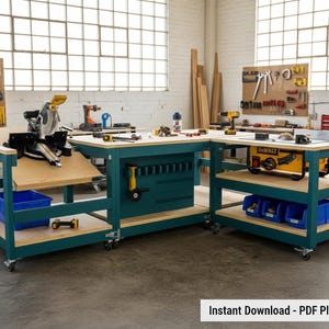 May include: A teal and wood-toned modular workbench with multiple levels and storage. The workbench has a variety of power tools, including a circular saw and a table saw. Blue storage bins are on the lower shelves. The text "Instant Download - PDF Plans" is at the bottom.