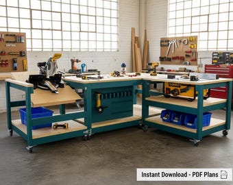 Puede incluir: Un banco de trabajo modular en color turquesa y madera con múltiples niveles y almacenamiento. El banco de trabajo tiene una variedad de herramientas eléctricas, incluyendo una sierra circular y una sierra de mesa. Contenedores de almacenamiento azules están en los estantes inferiores. El texto "Instant Download - PDF Plans" está en la parte inferior.