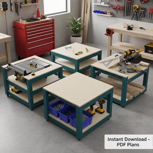 May include: A workshop scene with multiple square work tables. The tables have teal frames and light-coloured tops. Some tables have tools like a saw and drill, while others hold storage bins. The image includes the text "Instant Download - PDF Plans."