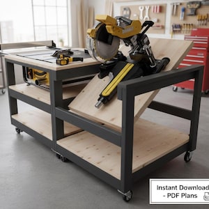 May include: A woodworking workbench with a black metal frame and light wood shelves. A yellow and black circular saw is mounted on the workbench. The workbench has wheels for mobility. Text on the image reads "Instant Download - PDF Plans."