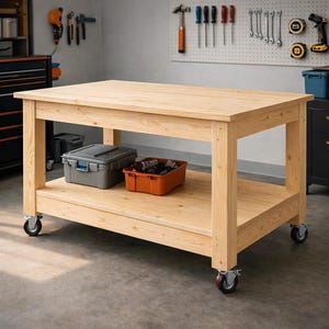 May include: A light-colored wooden workbench with a lower shelf and rolling casters. A gray storage bin and an orange parts bin sit on the lower shelf. Tools hang on the wall in the background.