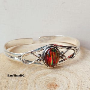 Handmade Sterling Silver Fiery Opal Cuff: Boho Adjustable Bangle