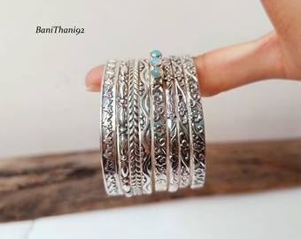 Handcrafted Opal Sterling Silver Bangle Set: Boho Cuff Bracelet