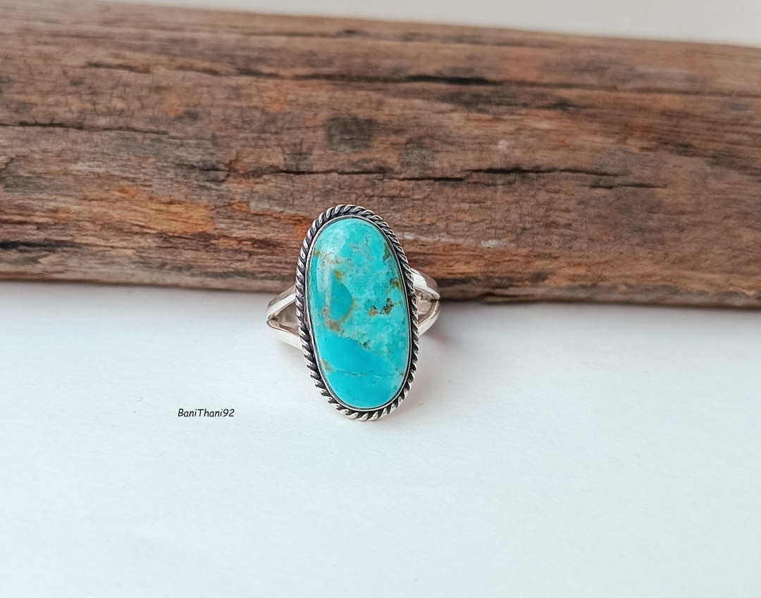 Kingman Turquoise Oval Ring, Handmade Sterling Silver Boho Statement ...