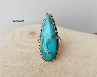 Kingman Turquoise Sterling Silver Ring: Handmade Teardrop Boho Ring