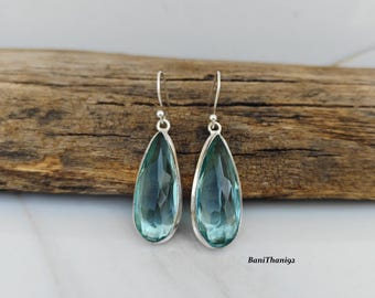 Teardrop Aquamarine Sterling Silver Dangle Earrings, Faceted Glass Minimalist Jewelry