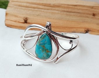 Mohave Turquoise, Sterling Silver Bangle: Handmade Adjustable Gemstone Bracelet