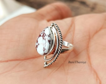 Wild Horse Turquoise Stone 925 Sterling Silver Ring, White and Brown Stone,  Boho Statement and Southwestern Style Ring