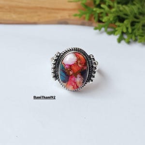 Pink Oyster Turquoise Sterling Silver Ring: Boho Statement Jewelry