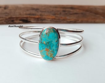 Turquoise Kingman-armband, 925 sterlingzilveren boho-manchet