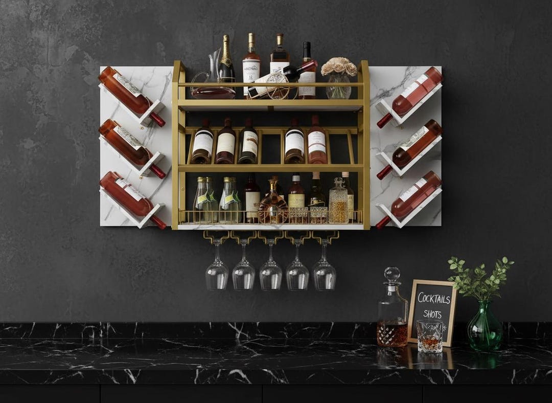 Gold Metal Wine Rack, Marble White Wood, Wall Mounted Bar Storage - Etsy