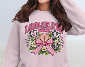 Labor And Delivery Nurse Sweatshirt, Pink LD Floral Crewneck, Baby Feet Stethoscope Jumper, Midwife OBGYN Nurse Gift For Her