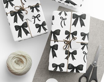 Black and White Christmas Wrapping Paper, Minimal Ribbon Pattern, Modern Elegant Gift Wrap, Hand-Painted Black Bows, Monochrome Holiday Wrap