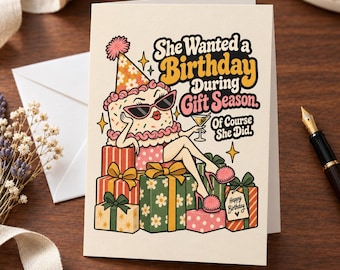 Funny December Birthday Greeting Card, Retro Holiday Birthday Postcard for Best Friend, Sassy Vintage Cake, Espresso  Martini Card