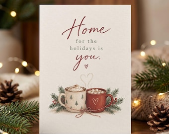 Home For The Holidays Christmas Card, Romantic Holiday Postcard, Cozy Hot Cocoa Mugs Greeting Card for Boyfriend Girlfriend Husband Wife