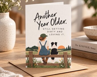 Country Birthday Greeting Card, Rustic Farm Girl Dog Mom Postcard, Outdoor Nature Lover Birthday Gift for Her Cottagecore Card