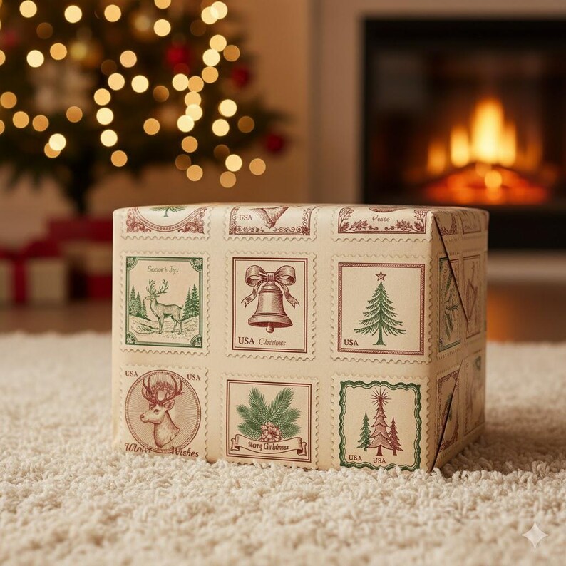 May include: A wrapped gift box with cream-coloured paper printed with a repeating pattern of vintage Christmas stamps. The stamps depict a deer, bell, Christmas tree, and the words "Winter Wishes" and "Merry Christmas".