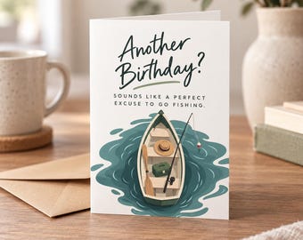 Fishing Birthday Card for Him, Lake Boat Greeting Card & Postcard for Dad, Grandpa, Fisherman Outdoorsy, Husband Birthday Gift Note Card