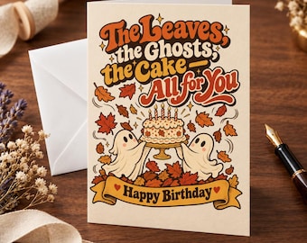 Spooky Birthday Card, Ghost Autumn Fall Greeting Card, Retro Halloween Cake Postcard, October Birthday, Ghost Birthday Card for Fall Lovers