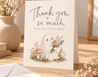 Ghost Thank You Card, Cottagecore Greeting Card with Mushrooms and Flowers, Cute Fall Botanical Postcard from Your Little Ghost Note