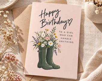 Wildflower Birthday Greeting Card, Garden Boots Postcard for Best Friend, Cottagecore Floral Birthday Card for Sister, Strong Girl Gift