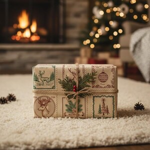 May include: A Christmas gift box wrapped in beige paper with vintage-style illustrations. The paper features deer, Christmas trees, and baubles in postage stamp designs. The box is tied with twine and decorated with sprigs of greenery and red berries.