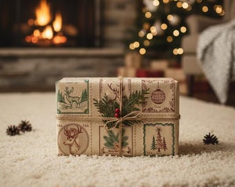May include: A Christmas gift box wrapped in beige paper with vintage-style illustrations. The paper features deer, Christmas trees, and baubles in postage stamp designs. The box is tied with twine and decorated with sprigs of greenery and red berries.