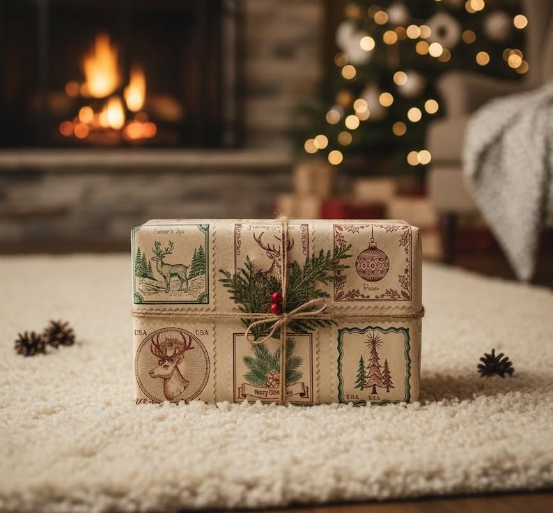 May include: A Christmas gift box wrapped in beige paper with vintage-style illustrations. The paper features deer, Christmas trees, and baubles in postage stamp designs. The box is tied with twine and decorated with sprigs of greenery and red berries.