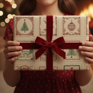 May include: A wrapped present with cream-coloured paper featuring postage stamp designs with Christmas tree and deer illustrations. The gift is tied with a dark red velvet ribbon and bow. The overall theme is Christmas.