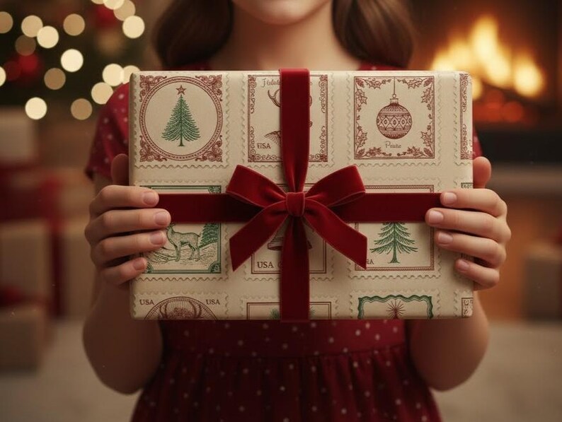 May include: A wrapped present with cream-coloured paper featuring postage stamp designs with Christmas tree and deer illustrations. The gift is tied with a dark red velvet ribbon and bow. The overall theme is Christmas.