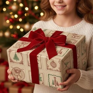 May include: A Christmas gift box with a red velvet bow. The box is decorated with vintage-style stamps featuring Christmas trees and reindeer. A festive item for the holiday season.