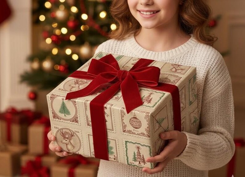May include: A Christmas gift box with a red velvet bow. The box is decorated with vintage-style stamps featuring Christmas trees and reindeer. A festive item for the holiday season.