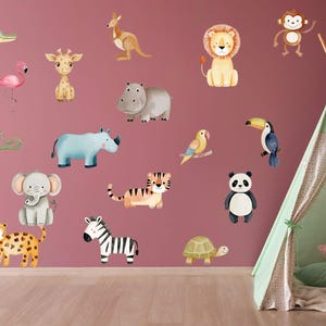 Adesivos de parede personalizados de animais da selva para quarto de criança com animais do zoológico de safári, adesivos fofos de vida selvagem para meninos ou meninas