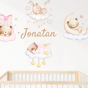 Personalized Baby Girl Wall Decals – Pink Teddy Bear & Bunny Nursery Stickers – Custom Name Vinyl Wall Art – Removable Kids Room Decor