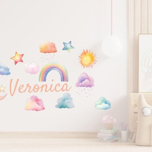 Rainbow Cloud Wall Decals with Custom Name – Nursery Wall Stickers for Kids Room, Baby Shower Gift, Watercolor Sky Decor