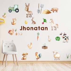 Farm animal wall decals for kids nursery with barn animals and vegetables, personalized name stickers for toddler room decor