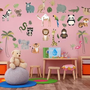 Adesivos de parede de animais da selva Safari para berçário infantil com animais fofos do zoológico, adesivos de vinil com nome personalizado para sala de jogos ou quarto